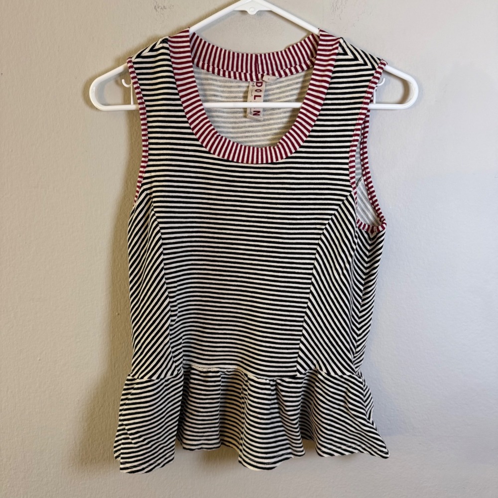 Dolan Left Coast Collection Striped Peplum Tank Top‎ Black White Burgundy Small
